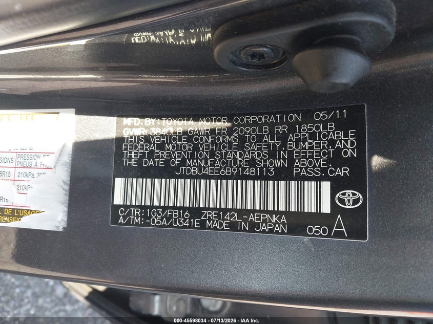 2011 Toyota Corolla VIN JTDBU4EE6B9148113 IAAI salvage auction — NORMAL WEAR, Clear (New York), sold $1,400 on 2026-07-28 (photo 9)