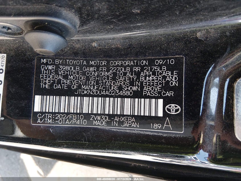 2010 Toyota Prius VIN JTDKN3DU4A0234880 IAAI salvage auction — NORMAL WEAR, Clear-Dealer Only (Maryland), sold $800 on 2026-07-30 (photo 9)