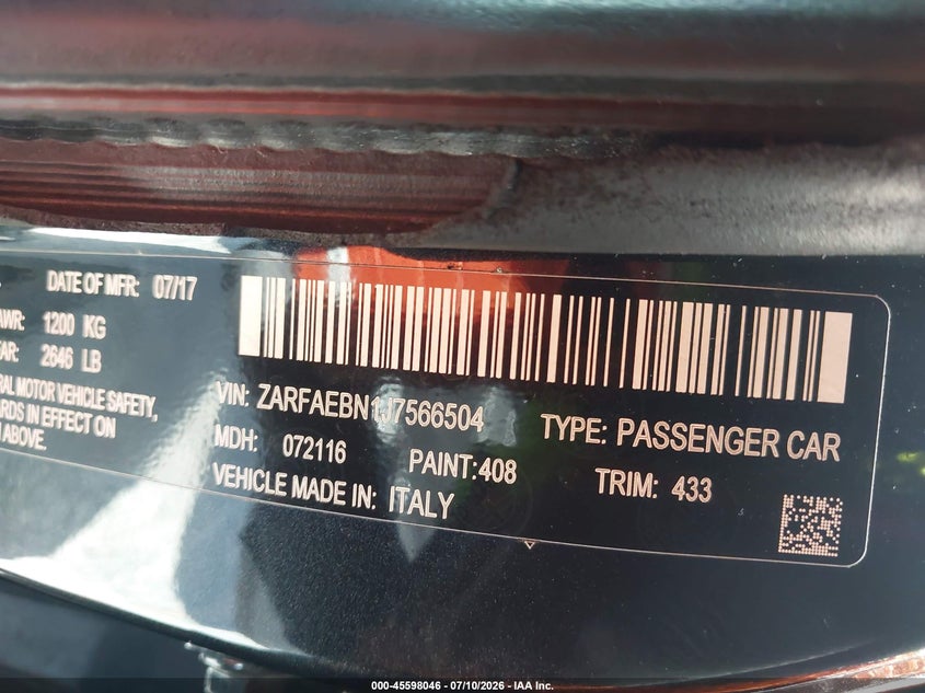 2018 Alfa romeo Giulia VIN ZARFAEBN1J7566504 IAAI salvage auction — NORMAL WEAR, Clear (Florida), sold $525 on 2026-08-13 (photo 9)