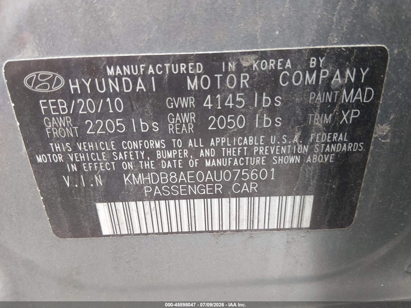 2010 Hyundai Elantra VIN KMHDB8AE0AU075601 IAAI salvage auction — NORMAL WEAR, Clear (Pennsylvania), sold $500 on 2026-07-11 (photo 9)