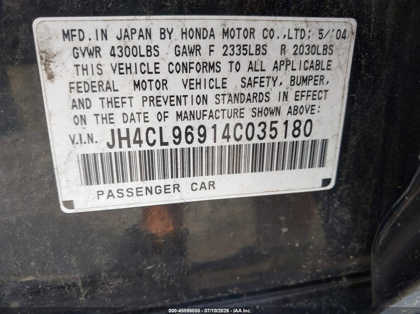 2004 Acura Tsx VIN JH4CL96914C035180 IAAI salvage auction — NORMAL WEAR, Clear (Virginia), sold $725 on 2026-07-23 (photo 9)