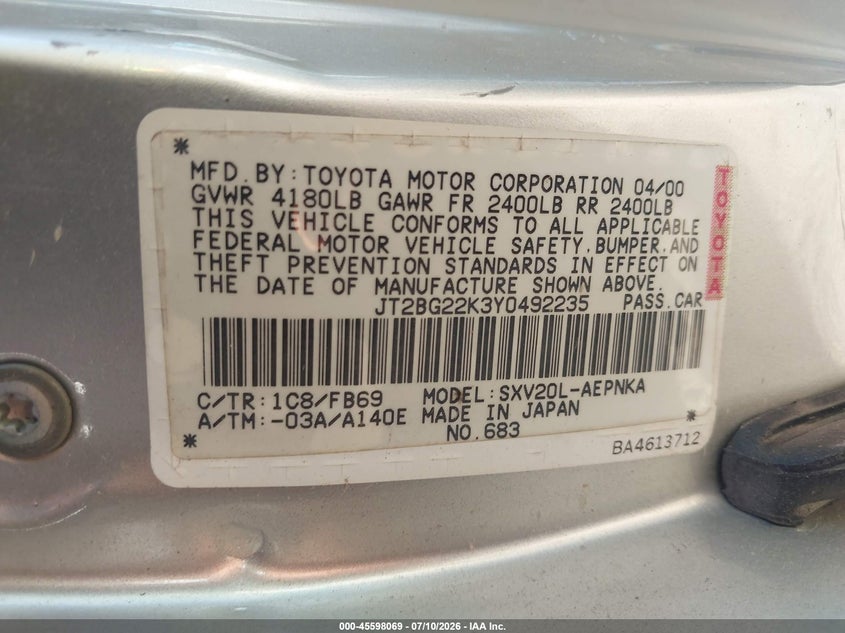 2000 Toyota Camry VIN JT2BG22K3Y0492235 IAAI salvage auction — NORMAL WEAR, Original (Texas), sold $450 on 2026-07-16 (photo 9)