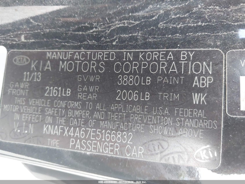 2014 Kia Forte VIN KNAFX4A67E5166832 IAAI salvage auction — NORMAL WEAR, Original (Ohio), sold $175 on 2026-07-28 (photo 9)