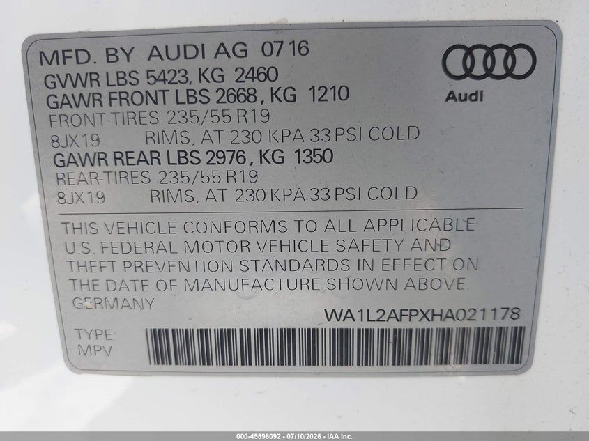 2017 Audi Q5 VIN WA1L2AFPXHA021178 IAAI salvage auction — FRONT END, Salvage Title, sold $3,400 on 2026-07-29 (photo 9)
