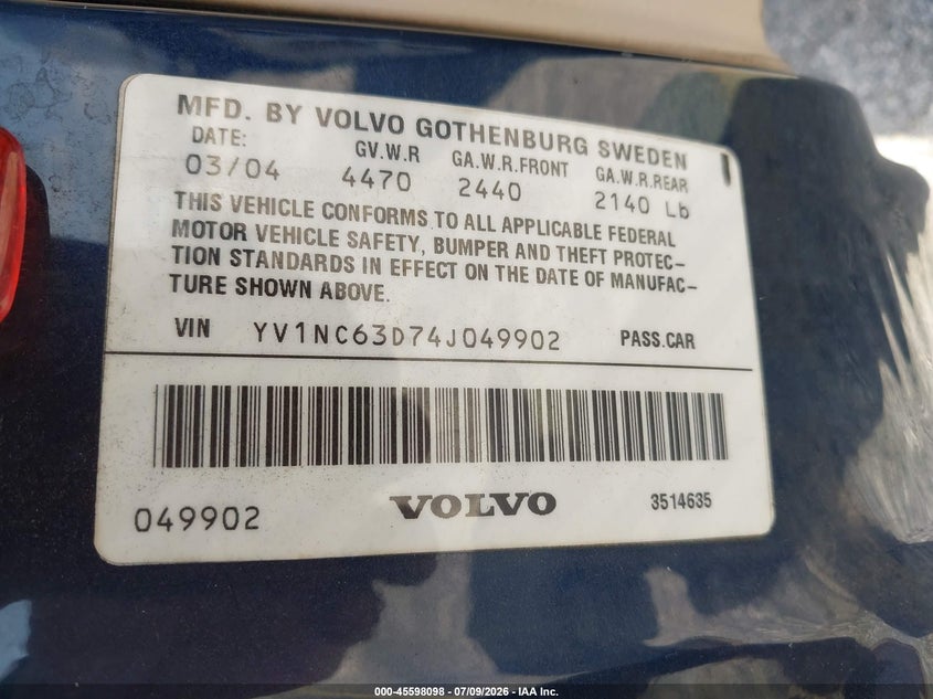 2004 Volvo C70 VIN YV1NC63D74J049902 IAAI salvage auction — NORMAL WEAR, Clear (Florida), sold $150 on 2026-08-13 (photo 9)
