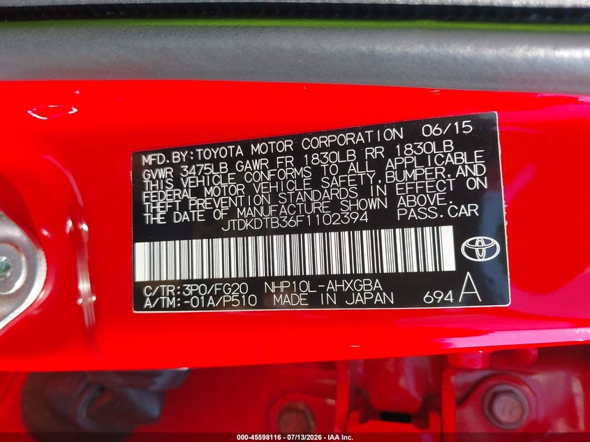 2015 Toyota Prius c VIN JTDKDTB36F1102394 IAAI salvage auction — NORMAL WEAR, Clear (Massachusetts), sold $1,300 on 2026-07-20 (photo 9)