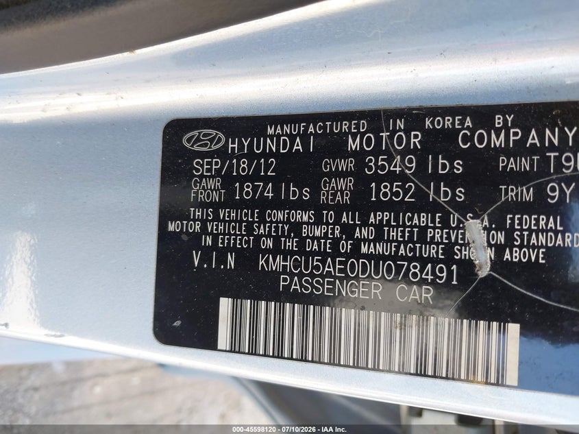 2013 Hyundai Accent VIN KMHCU5AE0DU078491 IAAI salvage auction — NORMAL WEAR, Original (Texas), sold $25 on 2026-07-21 (photo 9)