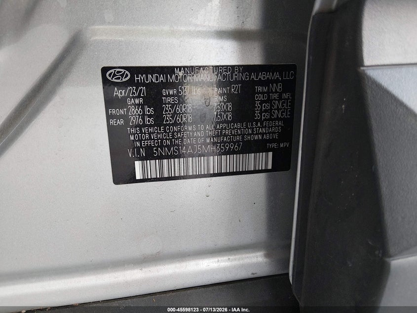 2021 Hyundai Santa fe VIN 5NMS14AJ5MH359967 IAAI salvage auction — REAR END, Rebuildable (Florida), sold $2,550 on 2026-07-26 (photo 9)