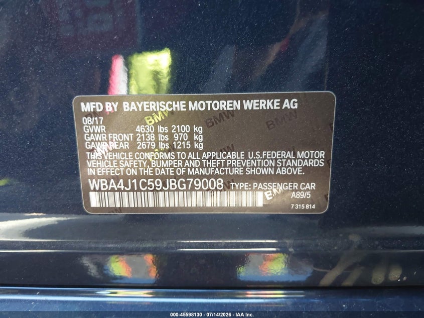 2018 BMW 4er VIN WBA4J1C59JBG79008 IAAI salvage auction — REAR END, Salvage (California), sold $5,450 on 2026-08-05 (photo 9)