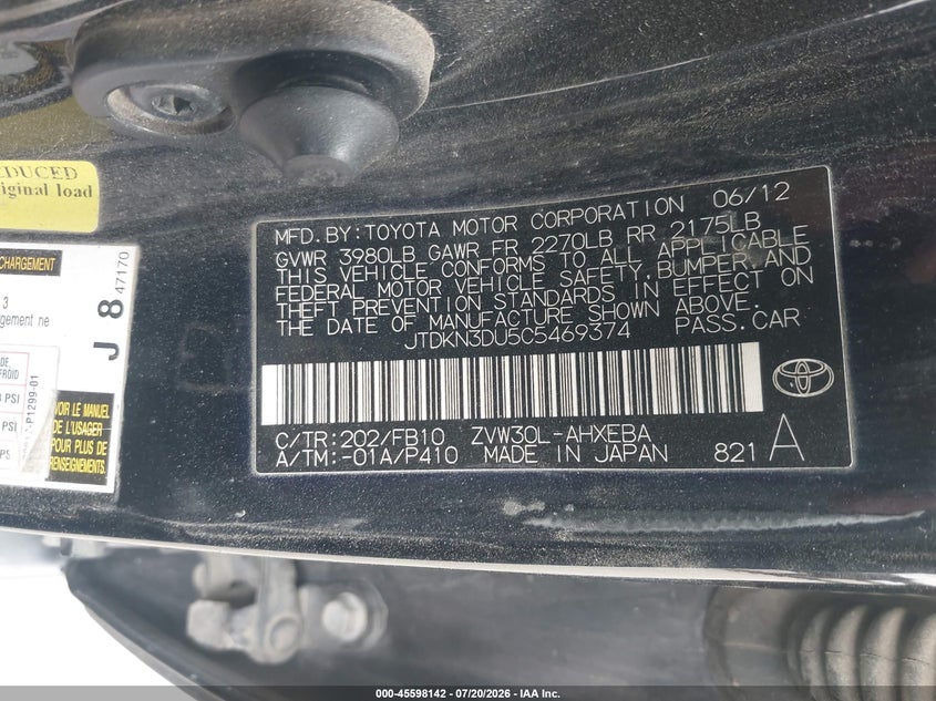 2012 Toyota Prius VIN JTDKN3DU5C5469374 IAAI salvage auction — NORMAL WEAR, Clear - Dealer Only (California), sold $475 on 2026-07-28 (photo 9)