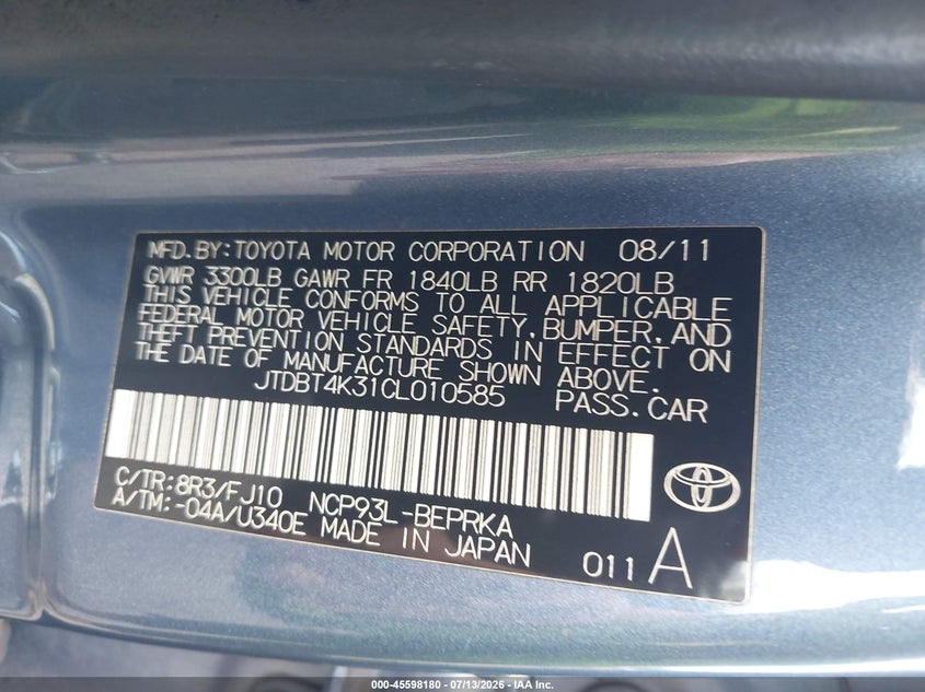 2012 Toyota Yaris VIN JTDBT4K31CL010585 IAAI salvage auction — SIDE, Salvage Title, sold $125 on 2026-07-21 (photo 9)