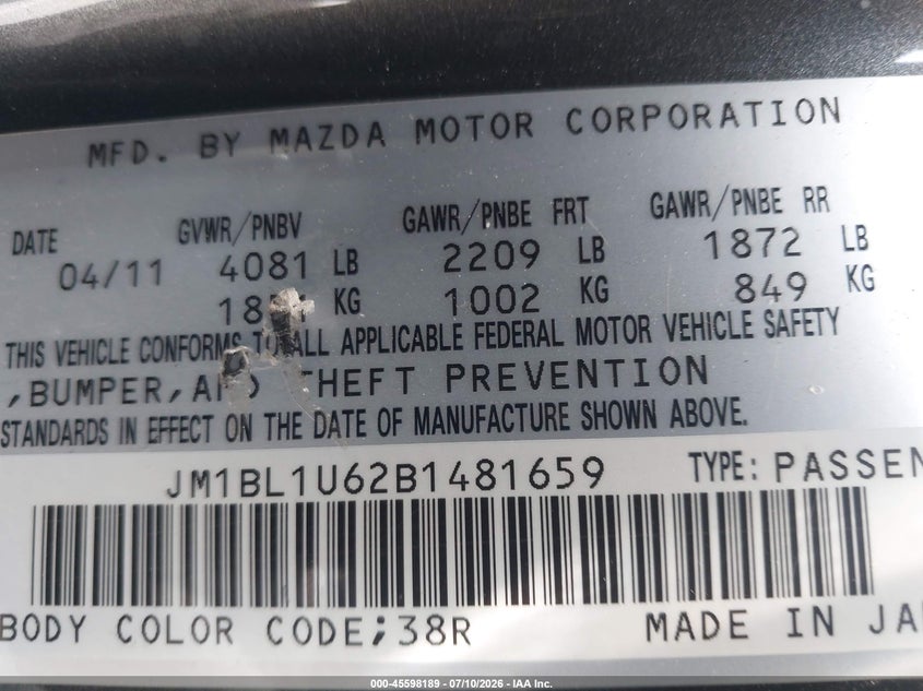 2011 Mazda 3 VIN JM1BL1U62B1481659 IAAI salvage auction — FRONT END, Salvage (California), sold $225 on 2026-07-30 (photo 9)