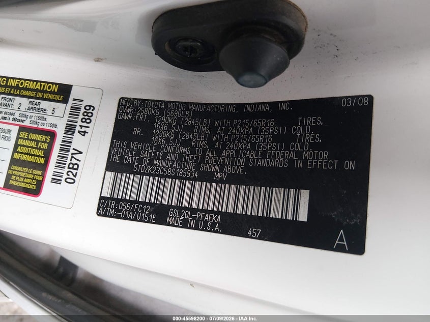 2008 Toyota Sienna VIN 5TDZK23C58S185934 IAAI salvage auction — NORMAL WEAR, Clear (Texas), sold $500 on 2026-07-28 (photo 9)