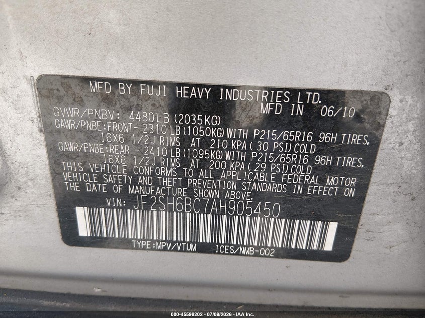 2010 Subaru Forester VIN JF2SH6BC7AH905450 IAAI salvage auction — NORMAL WEAR, Affidavit In Lieu Of Title - Non-Public (Washington), sold $425 on 2026-07-29 (photo 9)