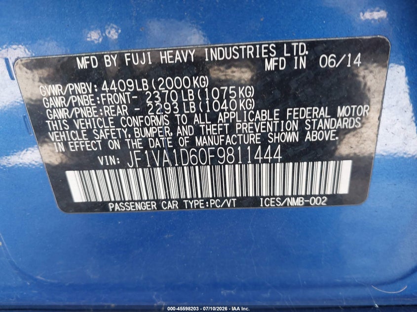 2015 Subaru Wrx VIN JF1VA1D60F9811444 IAAI salvage auction — NORMAL WEAR, Original (Maine), sold $1,700 on 2026-07-23 (photo 9)