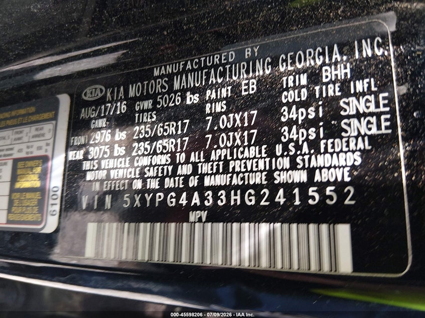 2017 Kia Sorento VIN 5XYPG4A33HG241552 IAAI salvage auction — NORMAL WEAR, Repossession Paperwork (South Carolina), sold $25 on 2026-07-28 (photo 9)