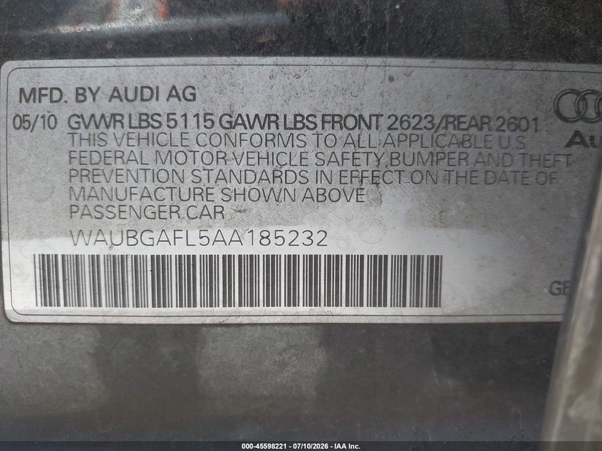 2010 Audi S4 VIN WAUBGAFL5AA185232 IAAI salvage auction — NORMAL WEAR, Clear - Dealer Only (California), sold $1,100 on 2026-07-29 (photo 9)