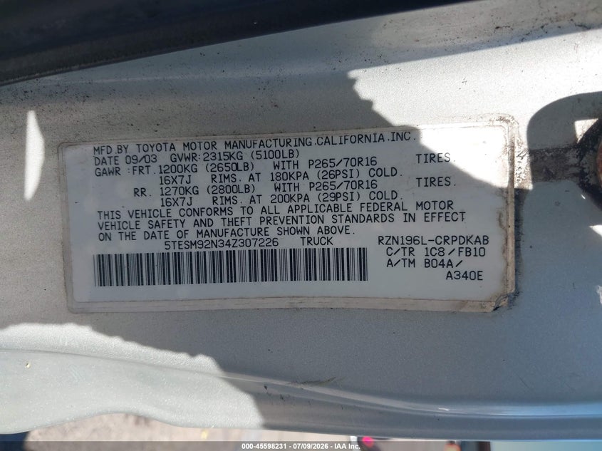 2004 Toyota Tacoma VIN 5TESM92N34Z307226 IAAI salvage auction — FRONT END, Salvage (California), sold $3,050 on 2026-07-31 (photo 9)
