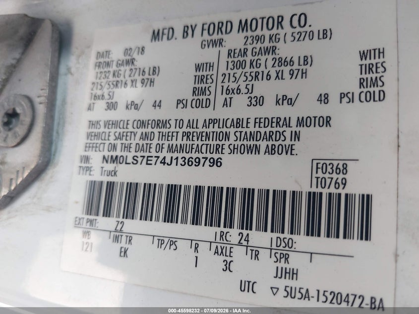 2018 Ford Transit connect VIN NM0LS7E74J1369796 IAAI salvage auction — FRONT END, Clear (Florida), sold $2,000 on 2026-07-29 (photo 9)