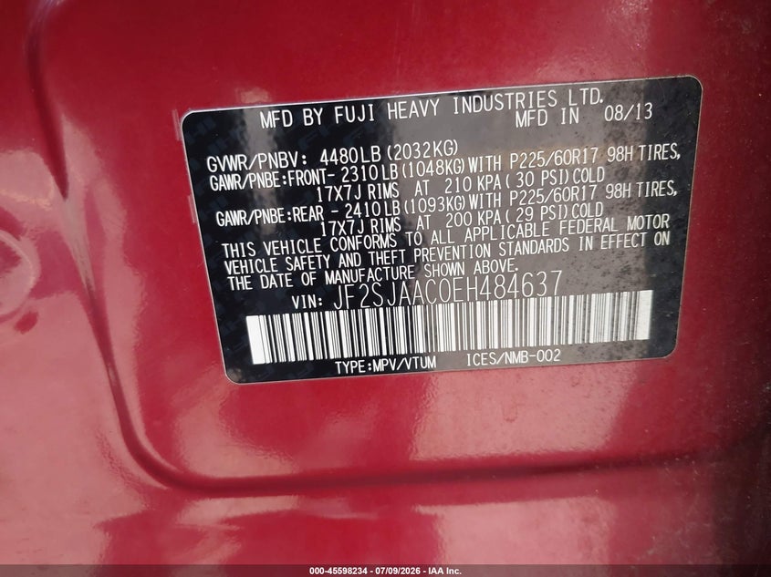 2014 Subaru Forester VIN JF2SJAAC0EH484637 IAAI salvage auction — NORMAL WEAR, Clear (Connecticut), sold $625 on 2026-07-23 (photo 9)