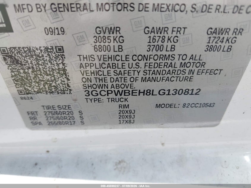2020 Chevrolet Silverado 1500 VIN 3GCPWBEH8LG130812 IAAI salvage auction — TRANSMISSION, Clear (Florida), sold $7,100 on 2026-07-29 (photo 9)