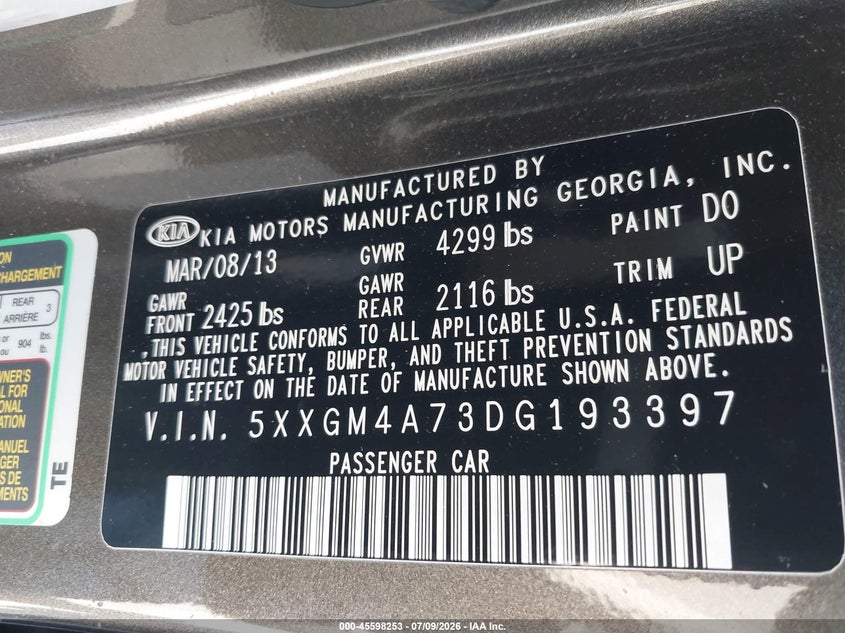 2013 Kia Optima VIN 5XXGM4A73DG193397 IAAI salvage auction — NORMAL WEAR, Salvage Title - Dealer (California), sold $1,000 on 2026-07-20 (photo 9)