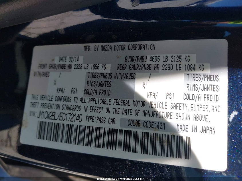 2014 Mazda 5 VIN JM1CW2BLXE0172140 IAAI salvage auction — NORMAL WEAR, Clear - Dealer Only (California), sold $650 on 2026-07-27 (photo 9)