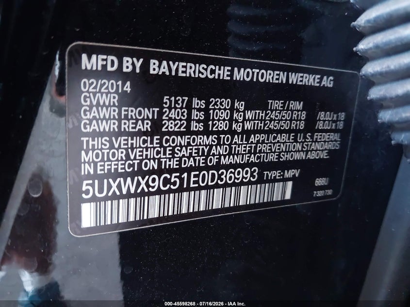 2014 BMW X3 VIN 5UXWX9C51E0D36993 IAAI salvage auction — FRONT END, Salvage (California), sold $375 on 2026-07-28 (photo 9)