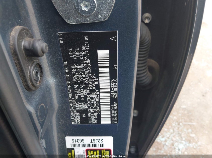 2008 Toyota Tundra VIN 5TBBV54118S503399 IAAI salvage auction — NORMAL WEAR, Clear (Pennsylvania), sold $2,100 on 2026-07-24 (photo 9)
