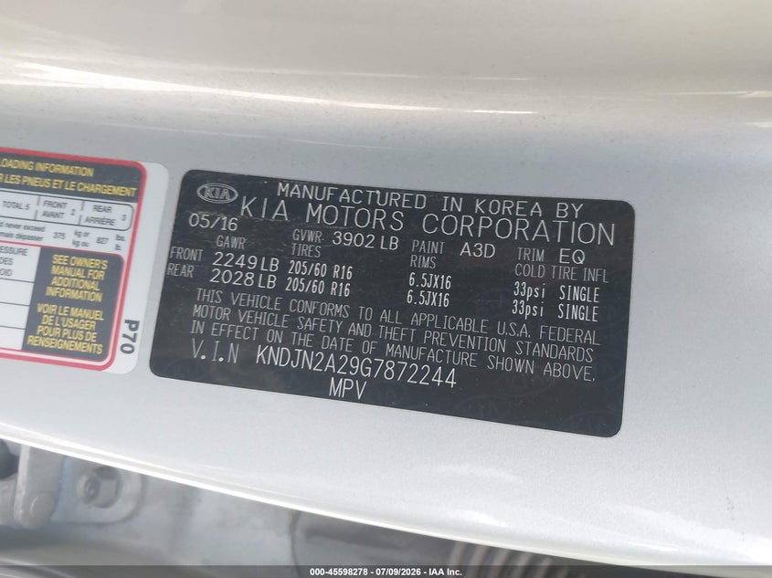 2016 Kia Soul VIN KNDJN2A29G7872244 IAAI salvage auction — NORMAL WEAR, Clear - Dealer Only (California), sold $550 on 2026-07-28 (photo 9)