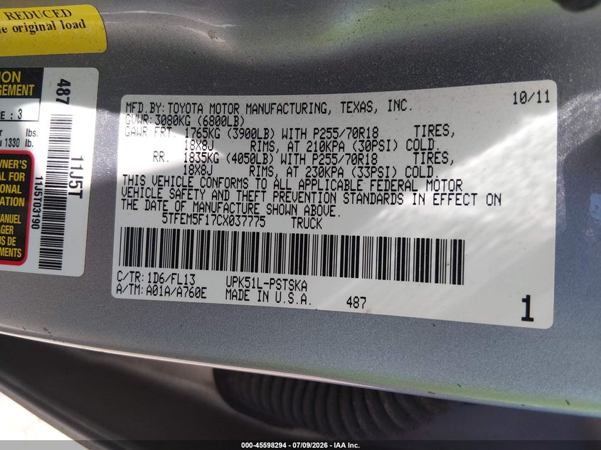2012 Toyota Tundra VIN 5TFEM5F17CX037775 IAAI salvage auction — NORMAL WEAR, Clear (Massachusetts), sold $1,500 on 2026-07-20 (photo 9)