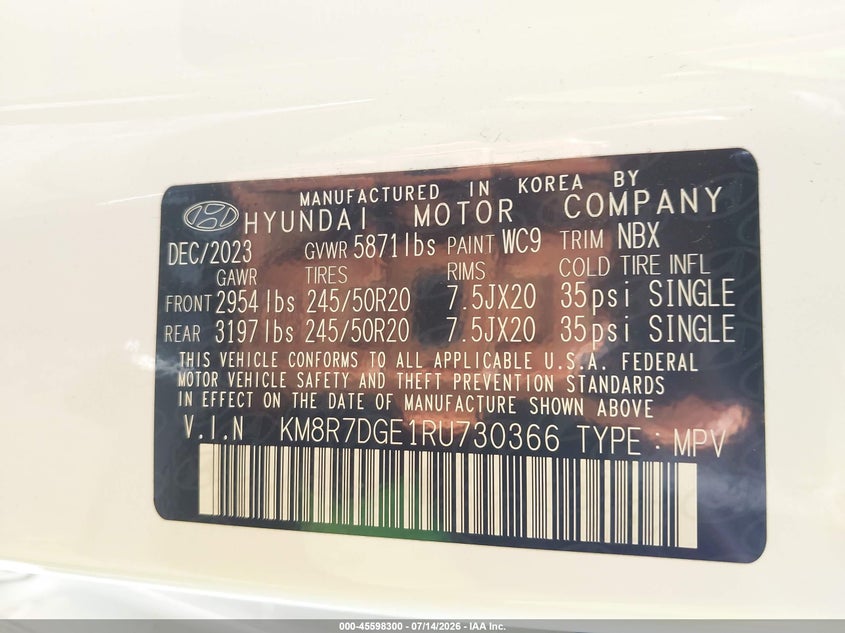 2024 Hyundai Palisade VIN KM8R7DGE1RU730366 IAAI salvage auction — LEFT SIDE, Salvage Title, sold $11,100 on 2026-08-01 (photo 9)
