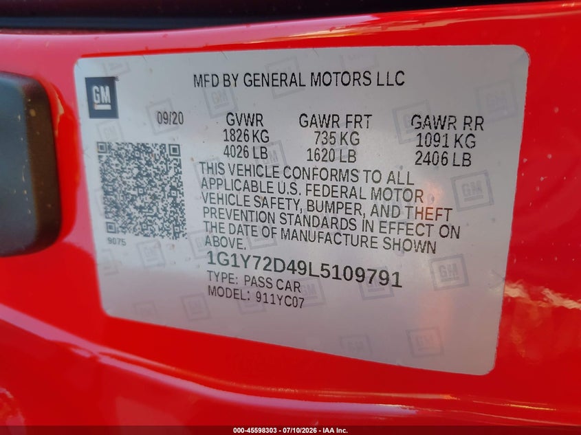 2020 Chevrolet Corvette stingray VIN 1G1Y72D49L5109791 IAAI salvage auction — FRONT END, Salvage (Texas), sold $36,050 on 2026-07-28 (photo 9)