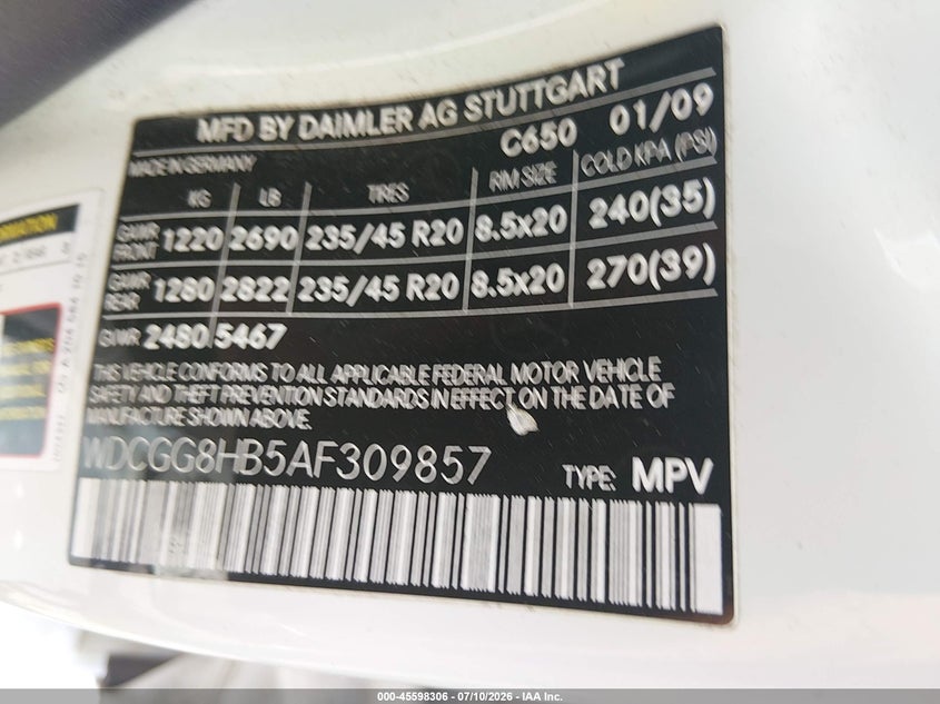 2010 Mercedes-benz Glk-class VIN WDCGG8HB5AF309857 IAAI salvage auction — NORMAL WEAR, Repossession Paperwork (South Carolina), sold $725 on 2026-08-04 (photo 9)