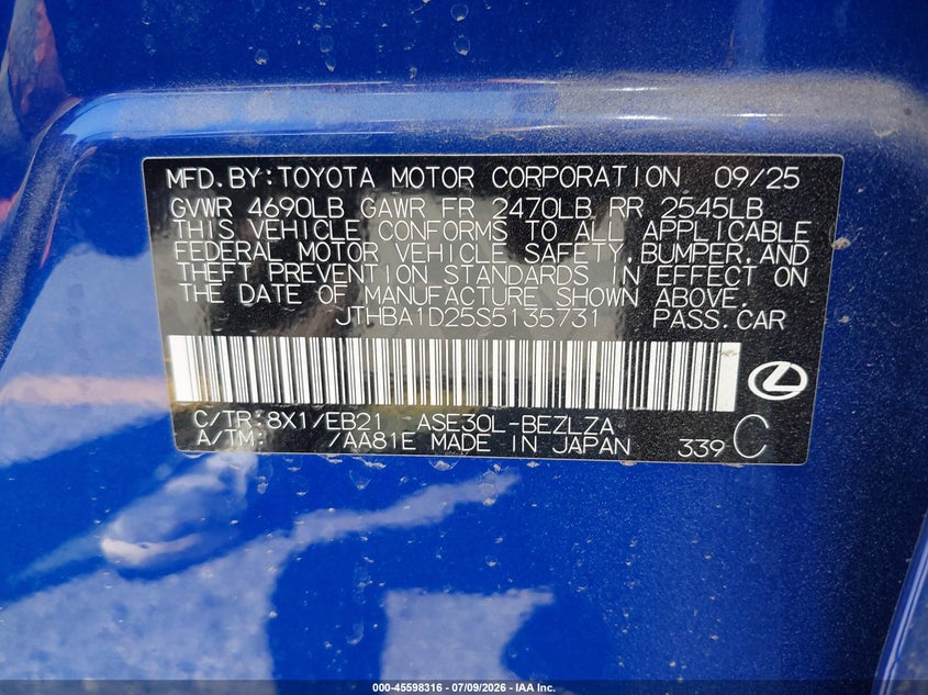2025 Lexus Is VIN JTHBA1D25S5135731 IAAI salvage auction — FRONT & REAR, Salvage (California), sold $15,550 on 2026-07-28 (photo 9)