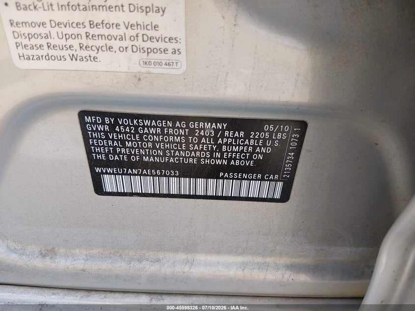 2010 Volkswagen Cc VIN WVWEU7AN7AE567033 IAAI salvage auction — REAR END, Clear (Virginia), sold $575 on 2026-08-07 (photo 9)