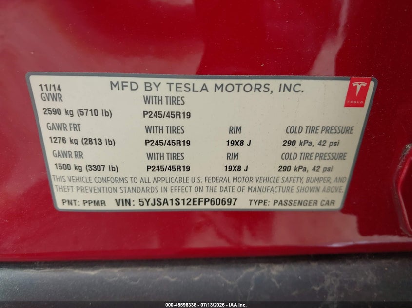 2014 Tesla Model s VIN 5YJSA1S12EFP60697 IAAI salvage auction — NORMAL WEAR, Clear (California), sold $1,050 on 2026-07-23 (photo 9)