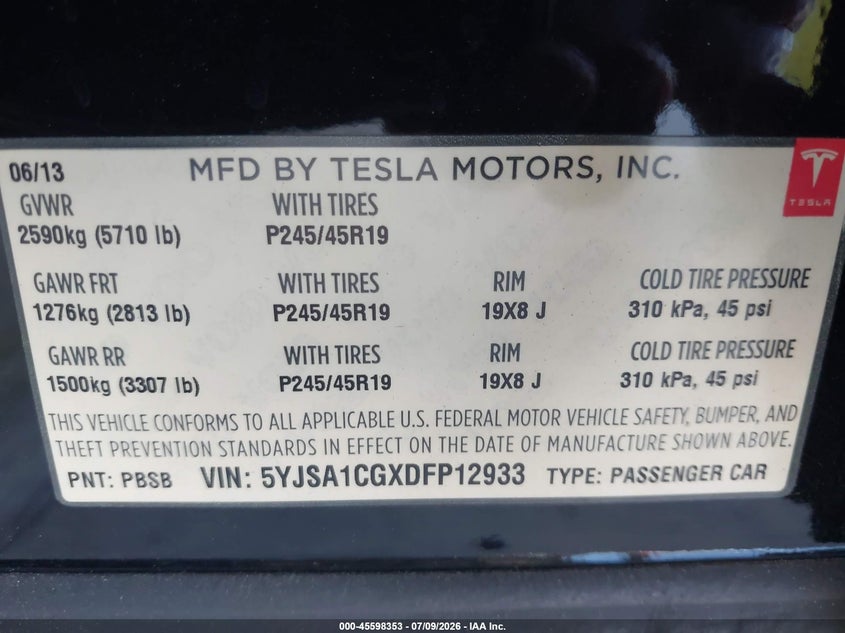 2013 Tesla Model s VIN 5YJSA1CGXDFP12933 IAAI salvage auction — RIGHT FRONT, Clear (Montana), sold $1,350 on 2026-07-28 (photo 9)