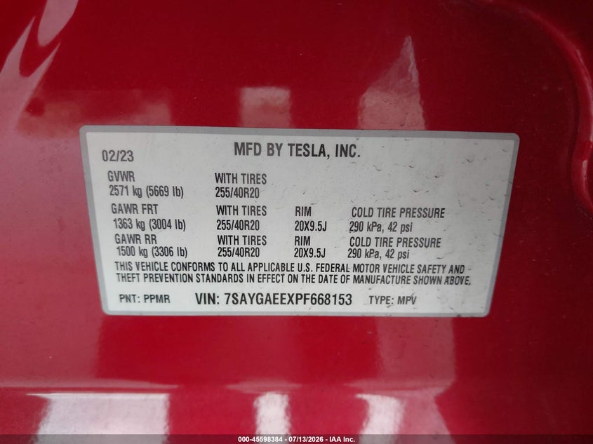 2023 Tesla Model y VIN 7SAYGAEEXPF668153 IAAI salvage auction — LEFT FRONT, Wait Title, sold $9,600 on 2026-08-22 (photo 9)