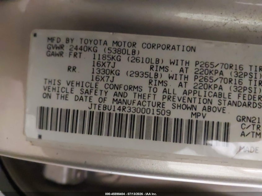 2003 Toyota 4runner VIN JTEBU14R330001509 IAAI salvage auction — NORMAL WEAR, Clear (Minnesota), sold $1,200 on 2026-07-29 (photo 9)