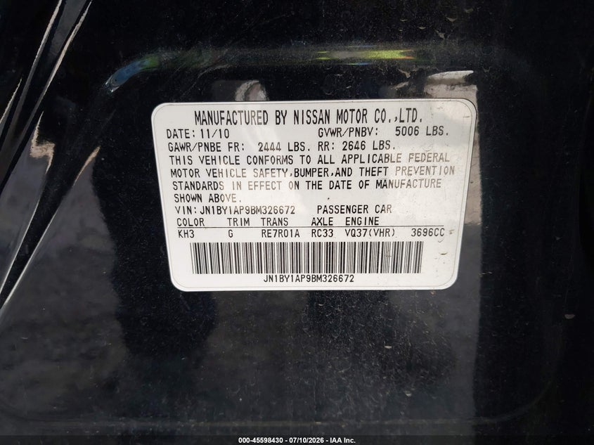 2011 Infiniti M37 VIN JN1BY1AP9BM326672 IAAI salvage auction — NORMAL WEAR, Original (Texas), sold $50 on 2026-07-29 (photo 9)