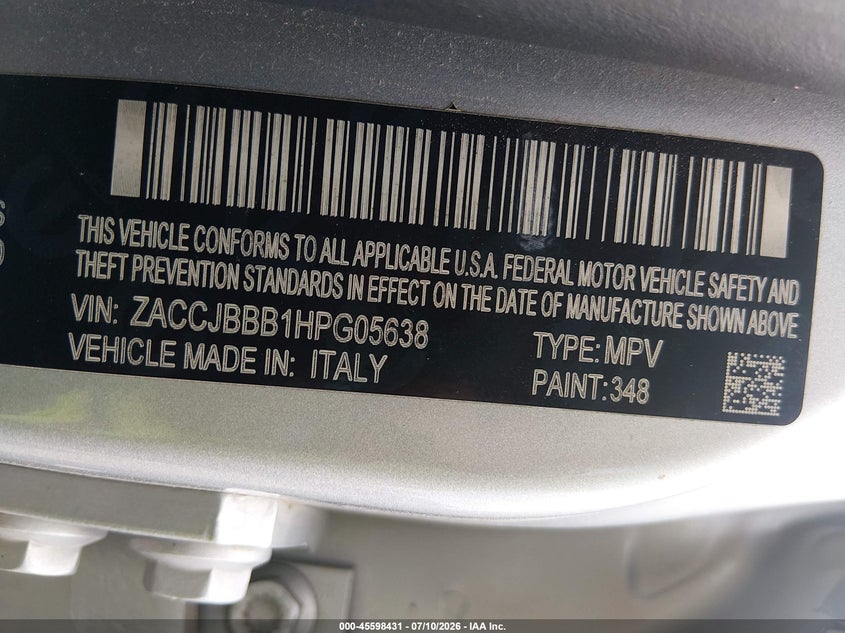 2017 Jeep Renegade VIN ZACCJBBB1HPG05638 IAAI salvage auction — NORMAL WEAR, Original (Texas), sold $25 on 2026-07-29 (photo 9)