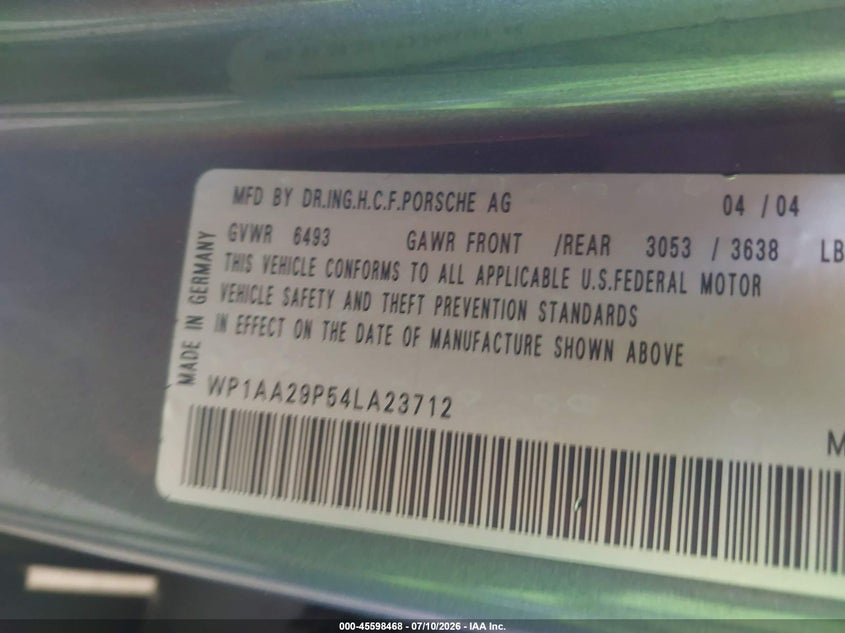 2004 Porsche Cayenne VIN WP1AA29P54LA23712 IAAI salvage auction — NORMAL WEAR, Clear (Arizona), sold $25 on 2026-07-28 (photo 9)