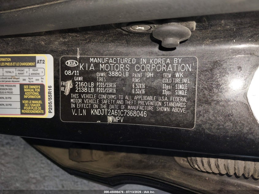 2012 Kia Soul VIN KNDJT2A61C7368046 IAAI salvage auction — LEFT FRONT, Salvage Title, sold $275 on 2026-07-23 (photo 9)