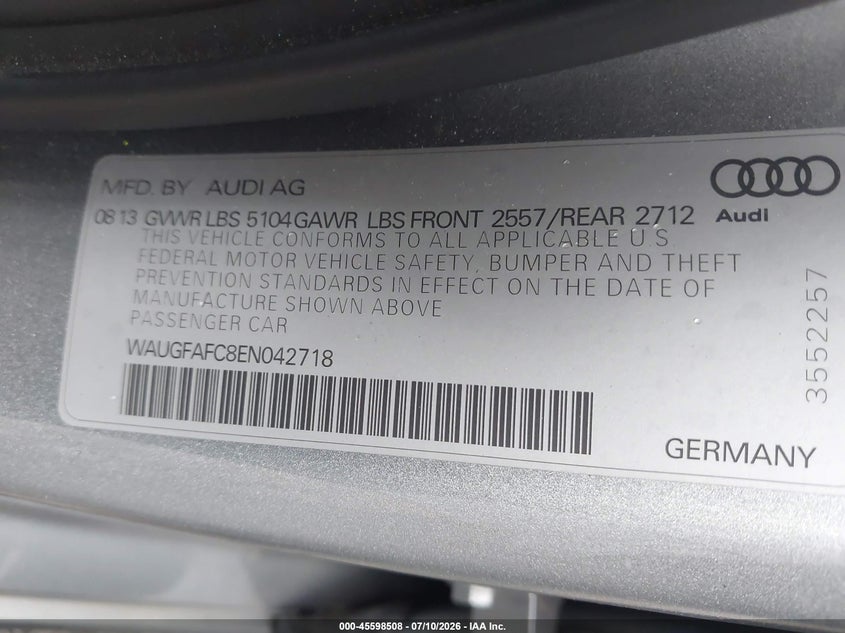 2014 Audi A6 VIN WAUGFAFC8EN042718 IAAI salvage auction — FRONT END, Salvage Title, sold $1,650 on 2026-07-29 (photo 9)