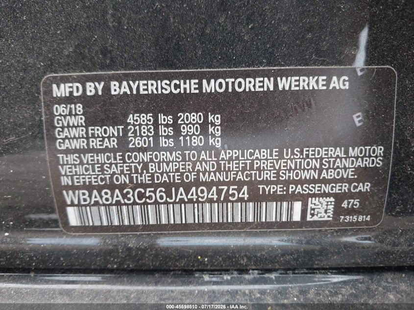 2018 BMW 3er VIN WBA8A3C56JA494754 IAAI salvage auction — RIGHT FRONT, Wait Title, sold $5,200 on 2026-08-18 (photo 9)