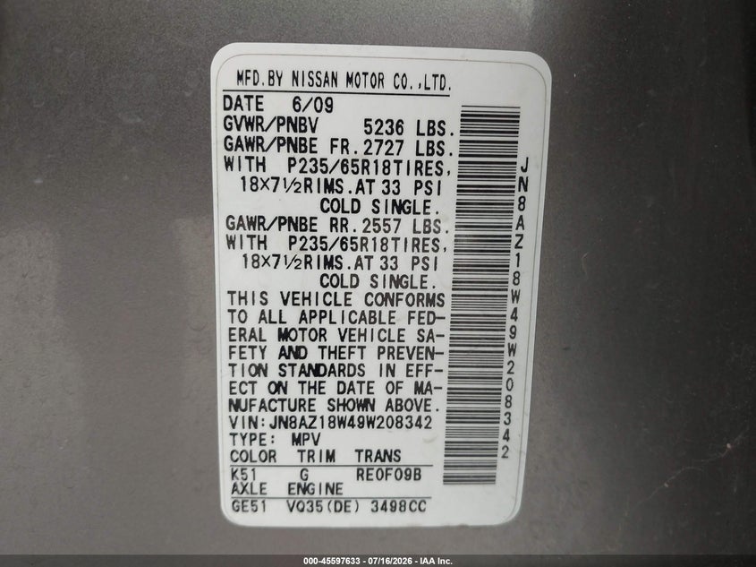 2009 Nissan Murano VIN JN8AZ18W49W208342 IAAI salvage auction — FRONT & REAR, Salvage (Texas), sold $325 on 2026-07-29 (photo 9)