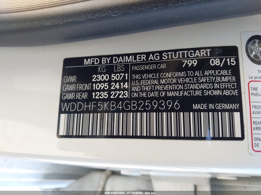 2016 Mercedes-benz E-klasse VIN WDDHF5KB4GB259396 IAAI salvage auction — RIGHT FRONT, Salvage (California), sold $3,900 on 2026-08-11 (photo 9)