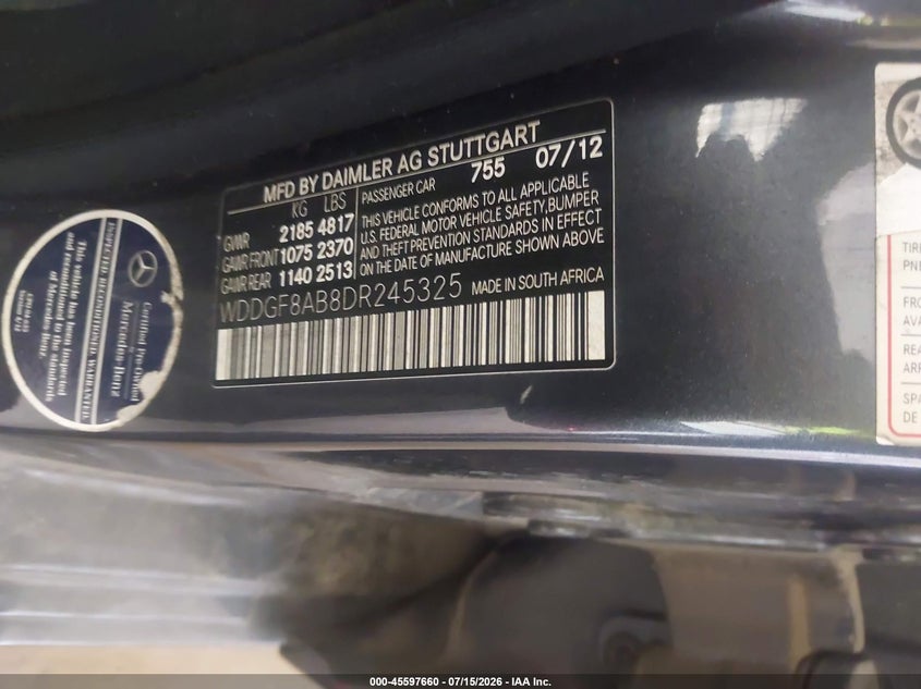 2013 Mercedes-benz C-klasse VIN WDDGF8AB8DR245325 IAAI salvage auction — NORMAL WEAR, Clear (Montana), sold $1,475 on 2026-08-13 (photo 9)