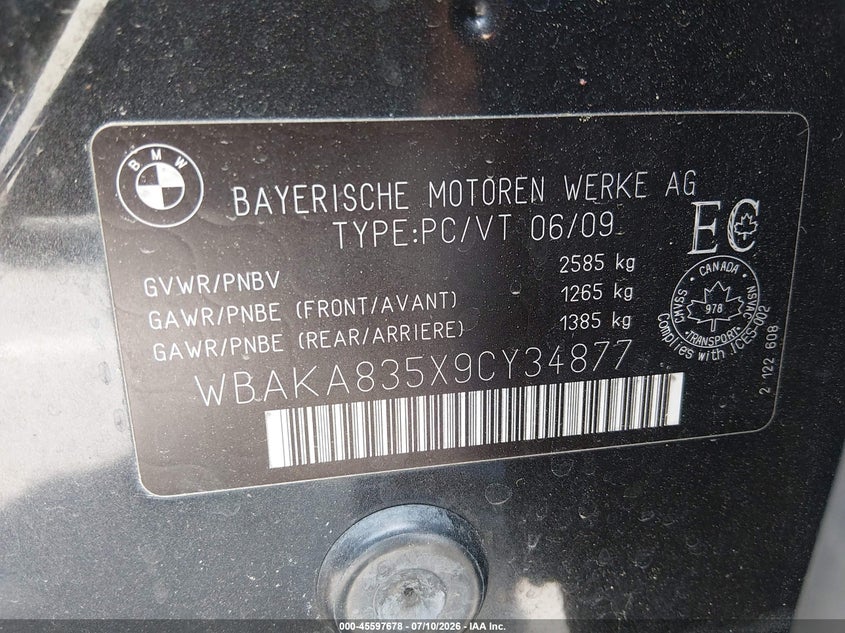 2009 BMW 7 series VIN WBAKA835X9CY34877 IAAI salvage auction — NORMAL WEAR, Clear (North Carolina), sold $1,500 on 2026-07-15 (photo 9)